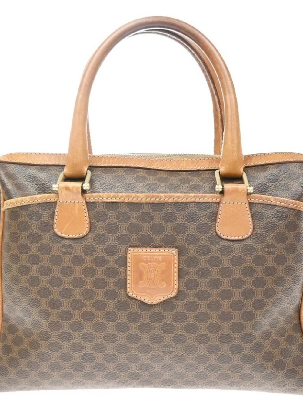 CELINE Logo Macadam Pattern Boston Hand Bag PVC Leather Brown Italy 61KD921